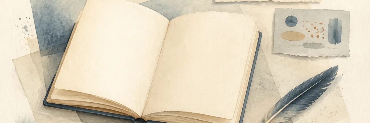 Aufgeschlagenes leeres Buch und Feder in ruhigen Sand- und Blautönen (KI-generiertes Trennerbild)