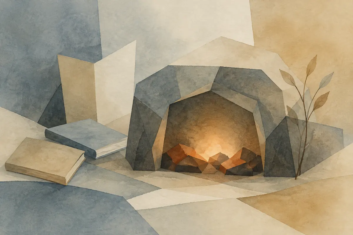 Stilisierte Feuerstelle aus geometrischen Steinen mit warmer Glut und angedeuteten Büchern (KI-generiertes Bild)