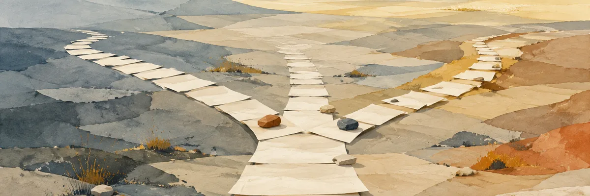 Papierwege teilen sich zwischen Steinen und führen durch eine offene Landschaft (KI-generiertes Trennerbild)