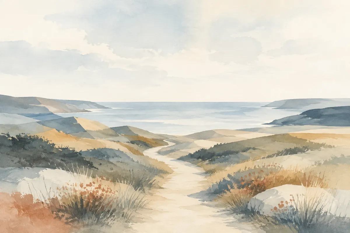 Ein Wanderpfad führt durch eine vereinfachte Küstenlandschaft zum Horizont (KI-generiertes Bild)