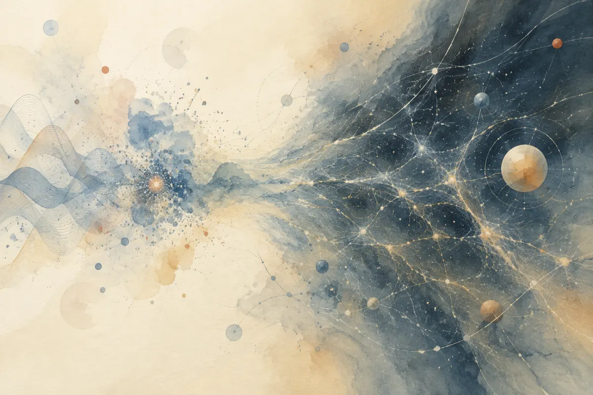 Wellen, Lichtwolken und feine Verbindungen stellen kleine und große Bereiche der Physik dar (KI-generiertes Bild)