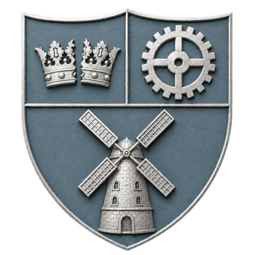 Familienwappen mit zerbrochener Krone, Zahnrad und Windmühle